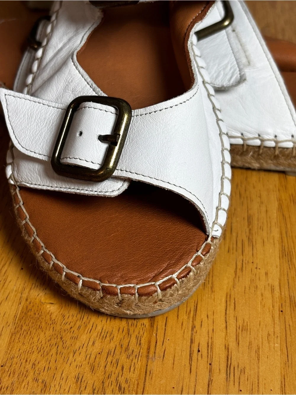 Bueno White Leather Double Buckle Espadrille Slide Sandals